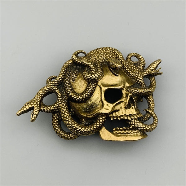 Brass Skull Art Buckle,Skull with Snake,Biker Leather Belt Buckle,Decoration Buckle