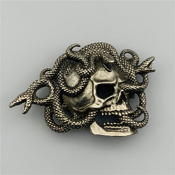 Brass Skull Art Buckle,Skull with Snake,Biker Leather Belt Buckle,Decoration Buckle