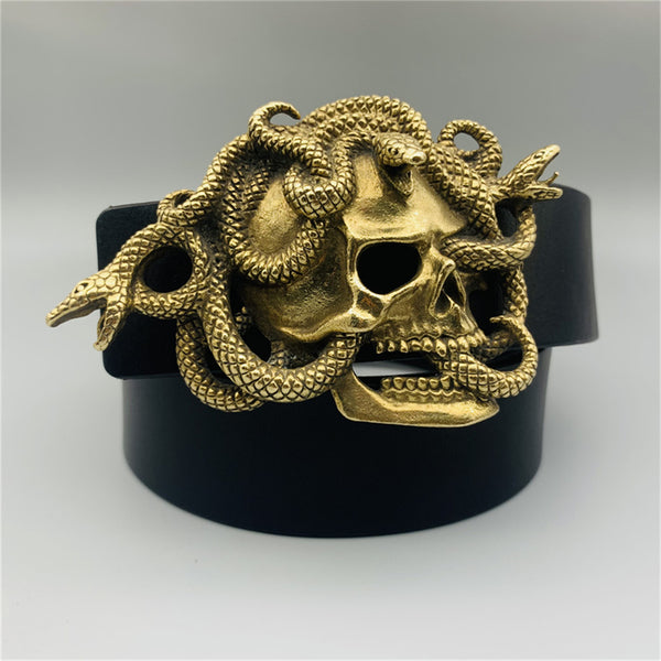 Brass Skull Art Buckle,Skull with Snake,Biker Leather Belt Buckle,Decoration Buckle