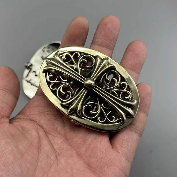 German Silver Cross Heart Buckle Copper Casted Leather Belt Buckle