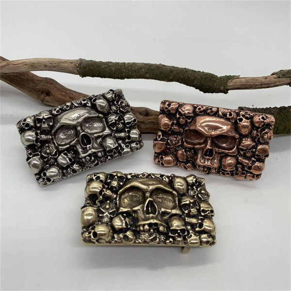 Mens Skull Belt Buckle Solid Copper Leather Strap Fastener