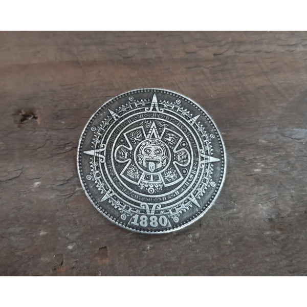 Aztec Solar Calendar Vintage Silver Coin Mysterious ancient Mayan civilization pattern - Penny Coins