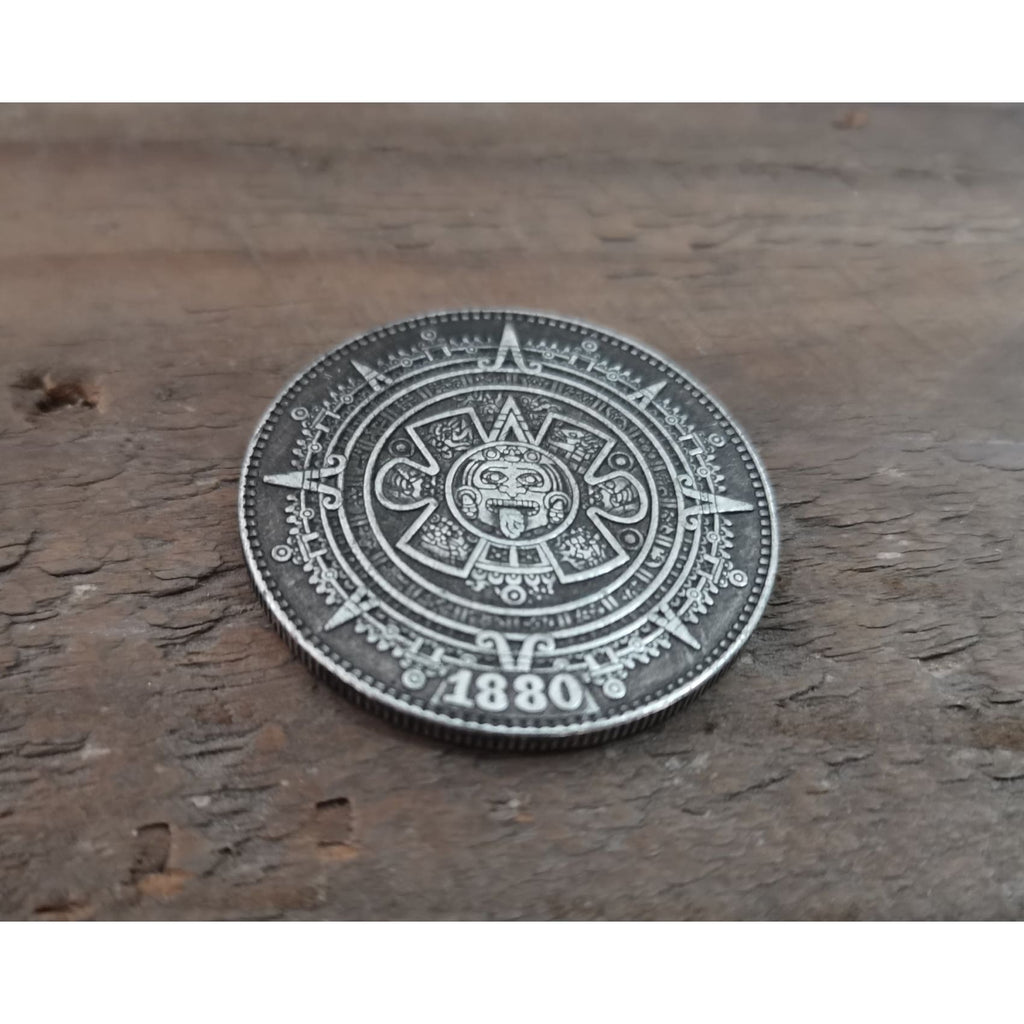 Aztec Solar Calendar Vintage Silver Coin Mysterious ancient Mayan civi