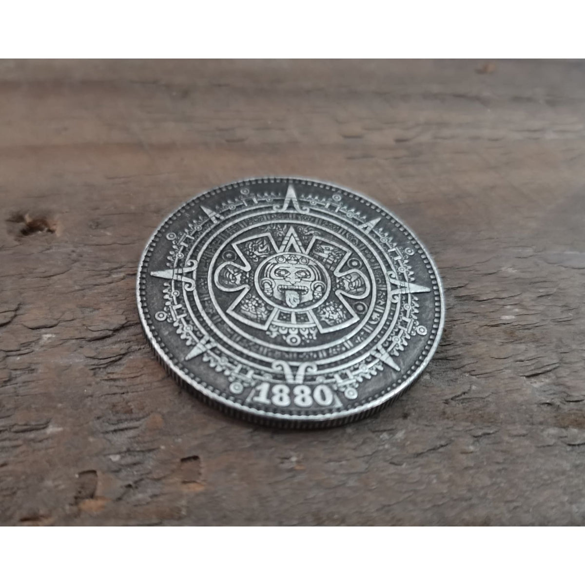Aztec Solar Calendar Vintage Silver Coin Mysterious ancient Mayan civi
