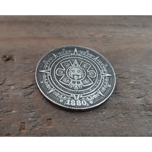 Aztec Solar Calendar Vintage Silver Coin Mysterious ancient Mayan civilization pattern - Penny Coins